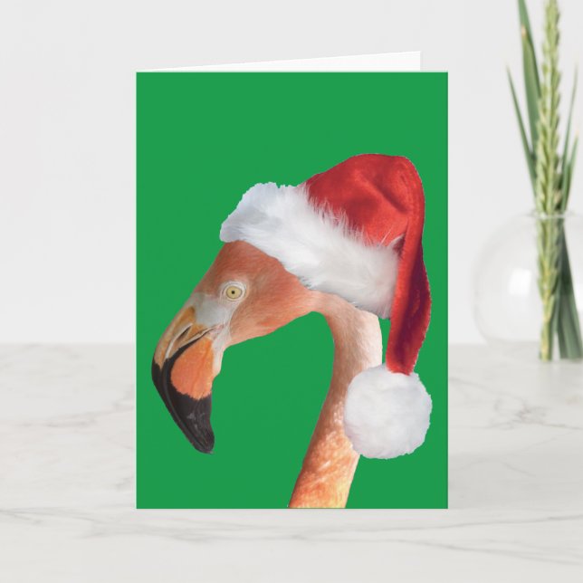 Cartão De Festividades Flamingo rosa em um chapéu de Papai Noel vermelho  (Frente)