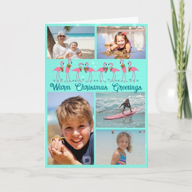 Cartão De Festividades Flamingos Foto Colagem Dobrada Natal (Frente)