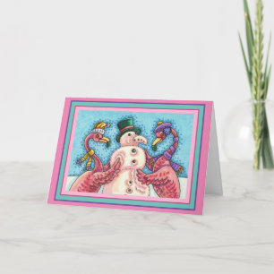 CARTÃO DE FESTIVIDADES FLAMINGOS ROSAS FAZEM BONECOS DE NEVE, PÁSSAROS DE