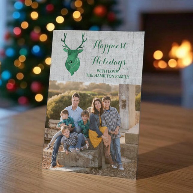 Cartão De Festividades Flat de Feriado de Veado Verde Russo (Green Rustic Watercolor Reindeer Holiday Photo Card)