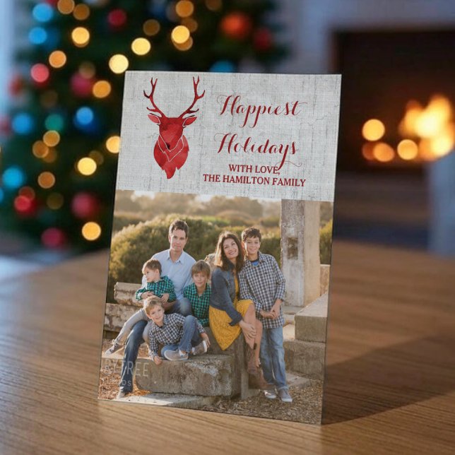 Cartão De Festividades Flat de Feriado de Veado Vermelho Russo (Red Rustic Watercolor Reindeer Holiday Photo Card)