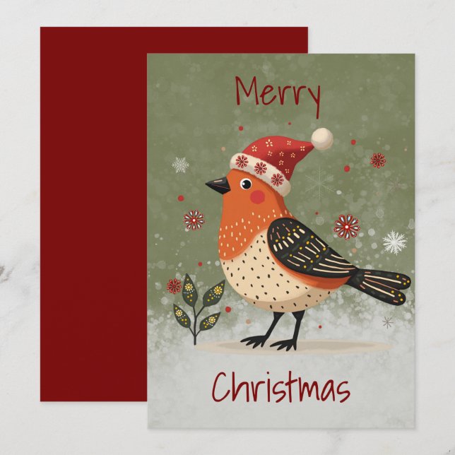 Cartão De Festividades Flat Holiday Card in Scandinavian Folk Art style  (Frente/Verso)