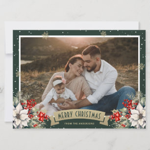 Cartão De Festividades Flauta de Neve Botânica Ouro Verde Foto Natal