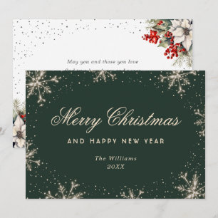 Cartão De Festividades Floco de Neve Botânico Verde Espelhado Elegante