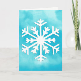 Cartão De Festividades Floco de neve branco sobre fundo de aquarela azul