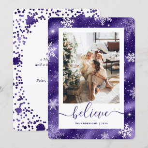 Cartão De Festividades Floco de Neve de Foto Roxo Elegante