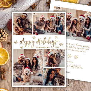 Cartão De Festividades Floco de Neve Dourado e Branco Colagem de 5 Fotos 