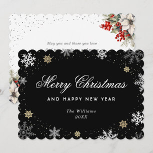 Cartão De Festividades Floco de Neve Preto Botânico de Aquarela