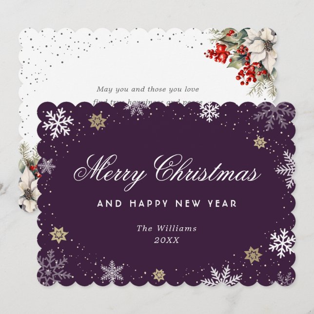 Cartão De Festividades Floco de Neve Roxa Botânico de Aquarela  (Frente/Verso)