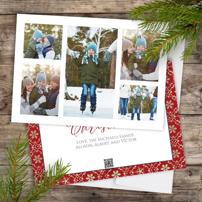 Cartão De Festividades Floco de Neve Verde Vermelho Colagem de Foto de Na (Merry Christmas Calligraphy Script holiday multi photo card with elegant snowflake pattern)