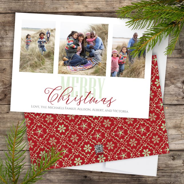 Cartão De Festividades Floco de Neve Verde Vermelho com Três Fotografias  (Merry Christmas Calligraphy Script holiday multi photo card with elegant snowflake pattern)