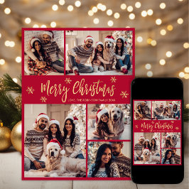 Cartão De Festividades Floco de neve Vermelho e 5 fotos Douradas no Natal