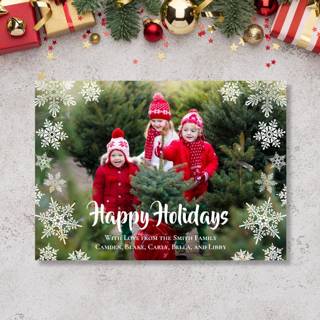 Cartão De Festividades Flocos de neve (Holiday card with snowflakes and large photo)