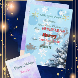 Cartão De Festividades Flocos de neve azuis, silhuetas de rena, noite de