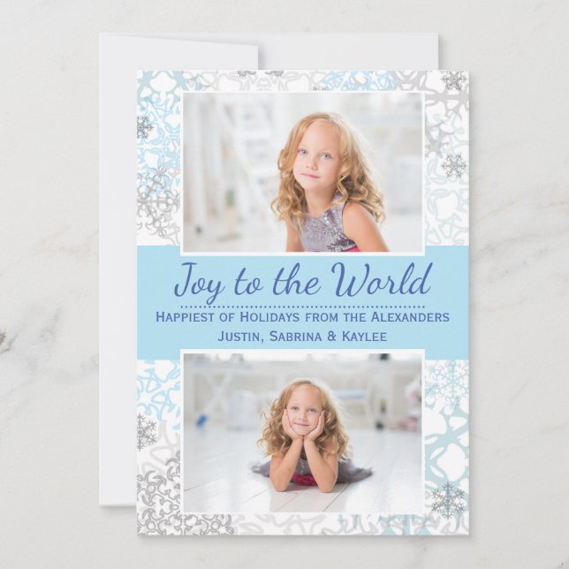 Cartão De Festividades Flocos de neve brancos/azuis 2 Fotografias - Cartã (Frente)