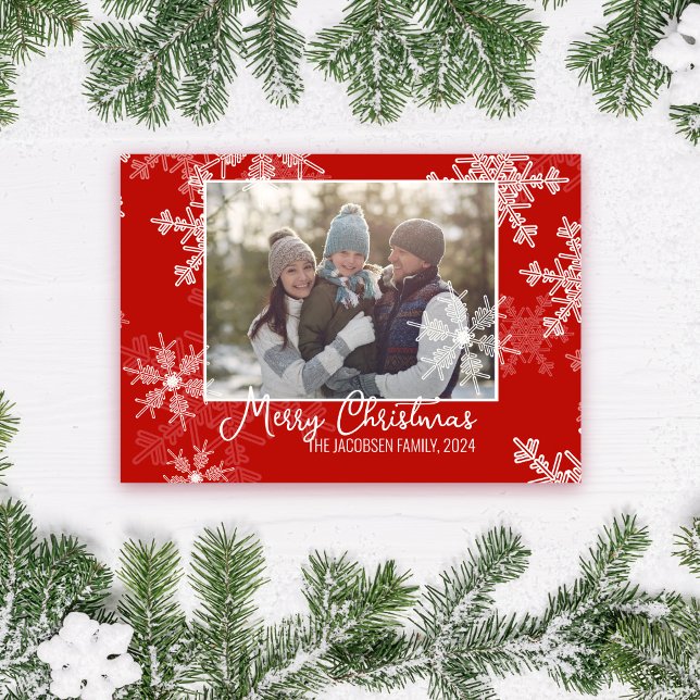 Cartão De Festividades Flocos de neve brancos vermelhos Foto de Natal min (Criador carregado)