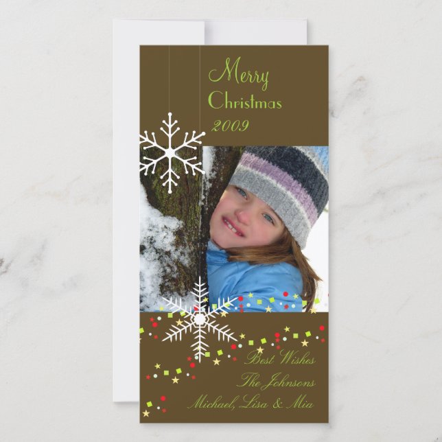 Cartão De Festividades Flocos de neve ~ chocolate escuro, Natal verde (Frente)