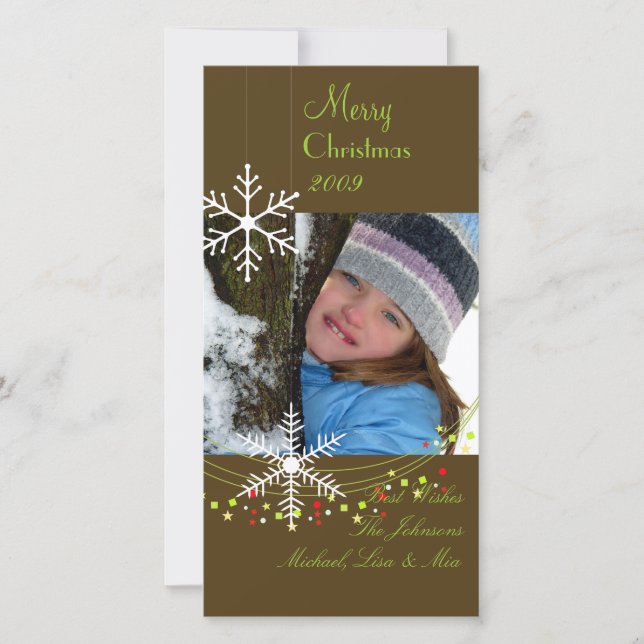 Cartão De Festividades Flocos de neve ~ chocolate escuro, Natal verde (Frente)