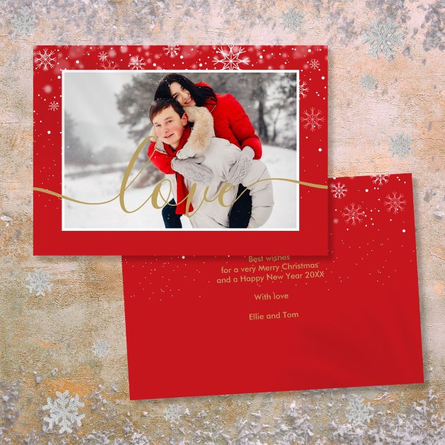 Cartão De Festividades Flocos de Neve de Foto Moderna Amor Script  (Modern Photo Snowflakes Gold Love Script Holiday Card)