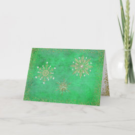 Cartão De Festividades Flocos de neve de Natal verdes e Dourados