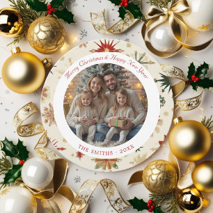 Cartão De Festividades Flocos de neve Dourados e vermelhos modernos