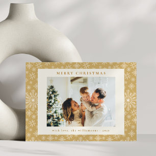 Cartão De Festividades Flocos de Neve Dourados Elegantes Foto Natal Moder