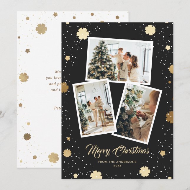 Cartão De Festividades Flocos de neve Dourados, preto Elegante 3 Foto Nat (Frente/Verso)