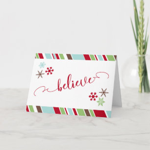 Cartão De Festividades Flocos de neve e faixas diagonais do Script Vermel
