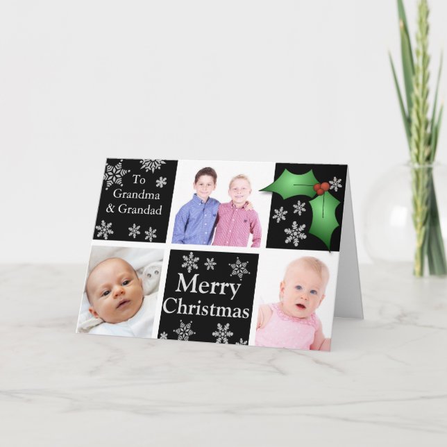 Cartão De Festividades Flocos de neve e Holly em preto (Frente)