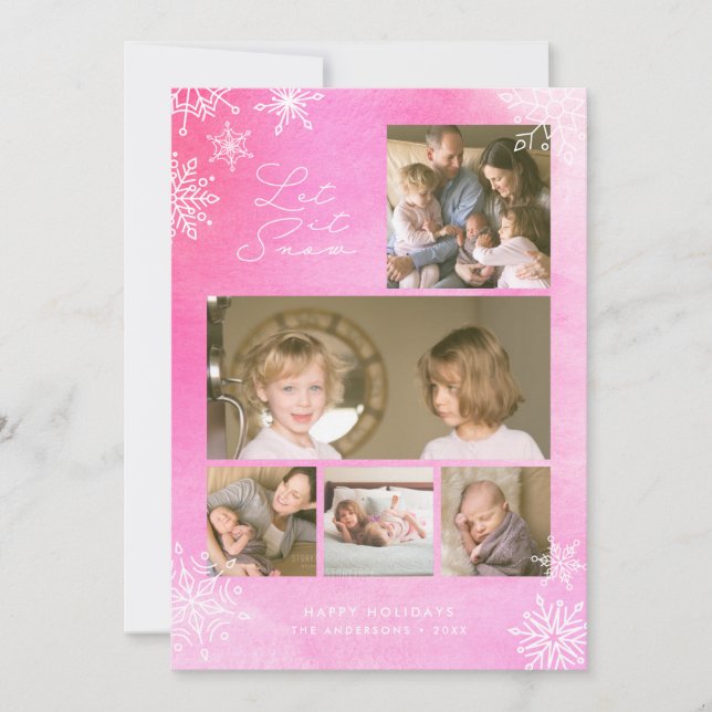 Cartão De Festividades Flocos de Neve em Aquarela Rosa Deixa Nevar Foto (Frente)