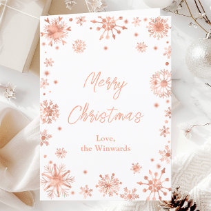 Cartão De Festividades Flocos de Neve em Rose Gold Feliz Natal