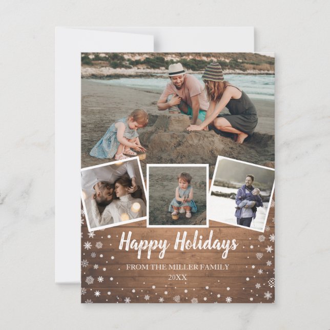 Cartão De Festividades Flocos de neve na colagem multifoto de madeira rus (Frente)