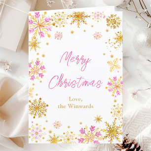 Cartão De Festividades Flocos de Neve Rosa e Dourado Feliz Natal