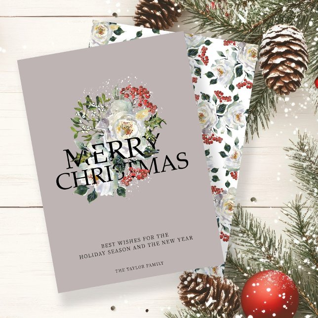 Cartão De Festividades Flor Branca de Natal Personalizada (Christmas White Rose Flower Personalized Holiday Card by Ricaso. Stunning winter foliage with roses)