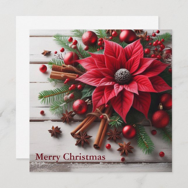 Cartão De Festividades Flor de Natal vermelha na madeira branca tradicion (Frente/Verso)