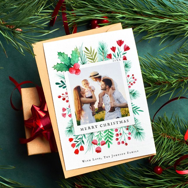 Cartão De Festividades Florais De Aquarela Pintados Com Foto Da Família 1 (Family Photo Christmas Card Watercolor Foliage)