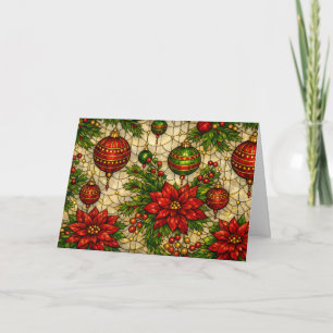Cartão De Festividades Florais de Natal com Visual de Vitral Tradicional