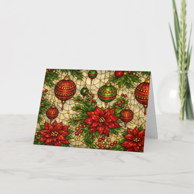 Cartão De Festividades Florais de Natal com Visual de Vitral Tradicional (Frente)