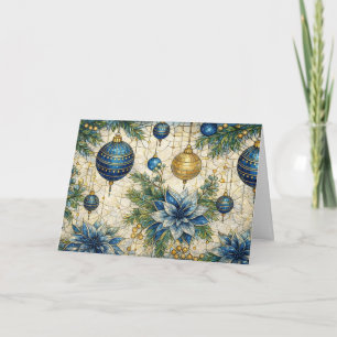 Cartão De Festividades Florais de Natal em Vidro Colorido Azul Não-Fotogr