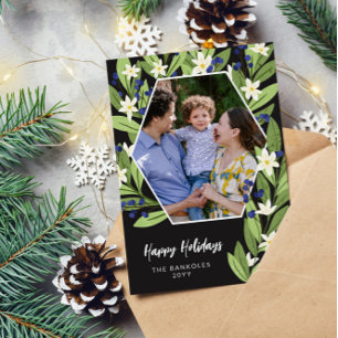 Cartão De Festividades Floral Branco Bagas Azuis Hexágono Feliz Natal