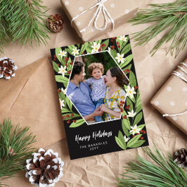 Cartão De Festividades Floral Branco Bagas Vermelhas Hexágono Boas Festas