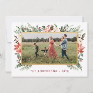 Cartão De Festividades Floral de Natal com Aquarela com Foto Dourada