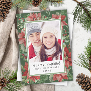 Cartão De Festividades Floral de Natal Moderno Casal Felizmente Casado Re