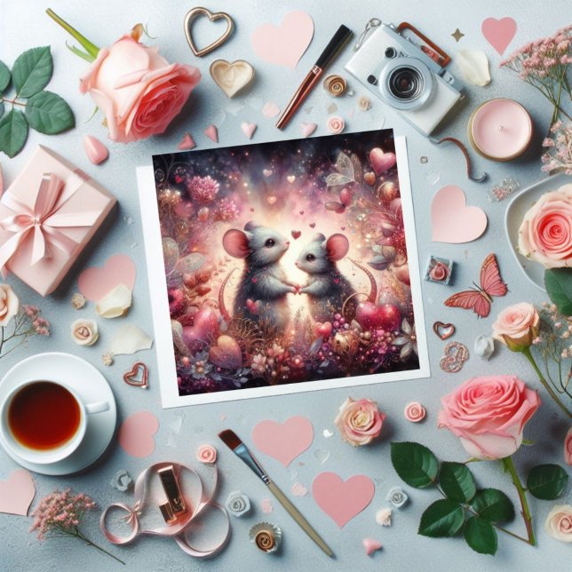 Cartão De Festividades Floral Fantasy Copia Camundongos Namorados Aquarel (Criador carregado)