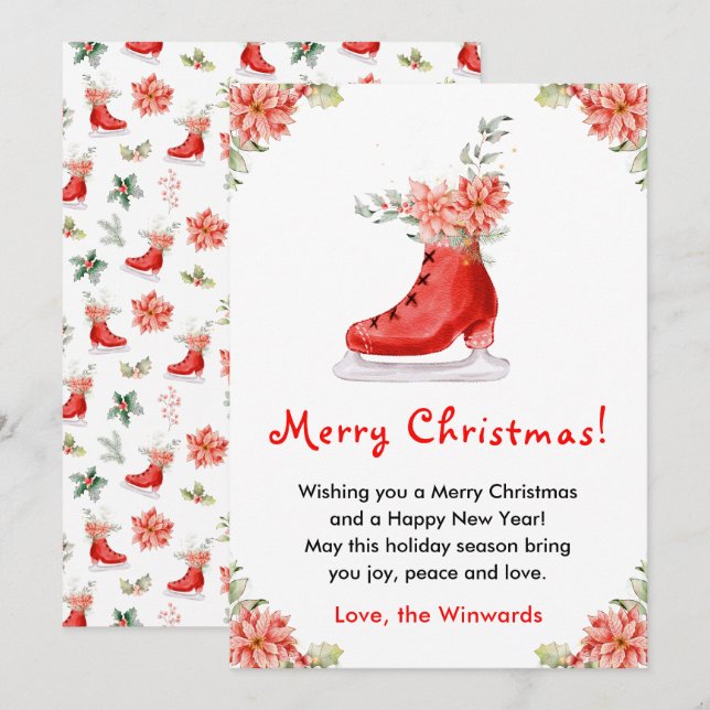 Cartão De Festividades Floral Ice Skate Red Merry Christmas (Frente/Verso)
