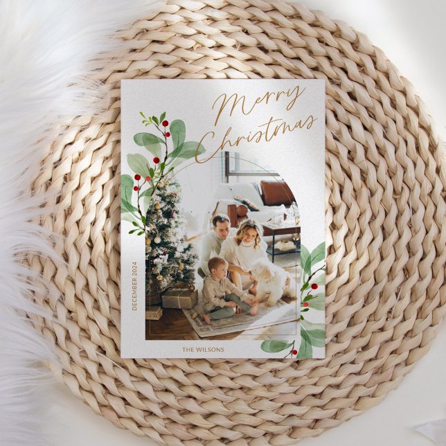 Cartão De Festividades Floral Modern Rustic Family Photo Christmas (Criador carregado)
