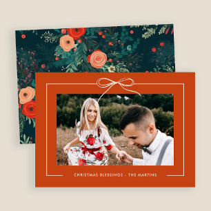 Cartão De Festividades Floral Orange Ribbon Enquadrado Foto Natal