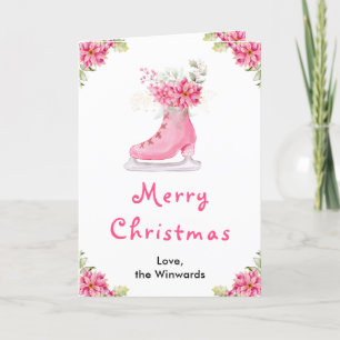 Cartão De Festividades Floral Patins de Gelo Rosa Feliz Natal