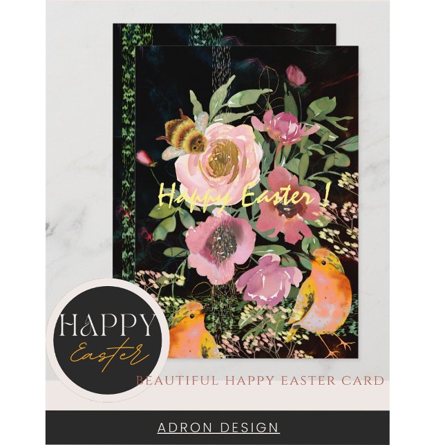 Cartão De Festividades Floral Rosa Páscoa Preta com Pássaros (Happy Easter Pink floral black with yellow birds and bumblebee Card)