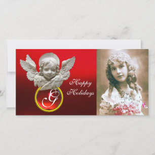 Cartão De Festividades FLORENTINE RENAISSANCE ANGEL Red Ruby Gem Monogram